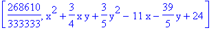 [268610/333333, x^2+3/4*x*y+3/5*y^2-11*x-39/5*y+24]